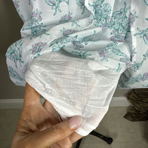 J Marie CECILIA RUFFLE SLEEVE DRESS Sz Large Tiered White Teal Floral Print - Picture 9 of 11